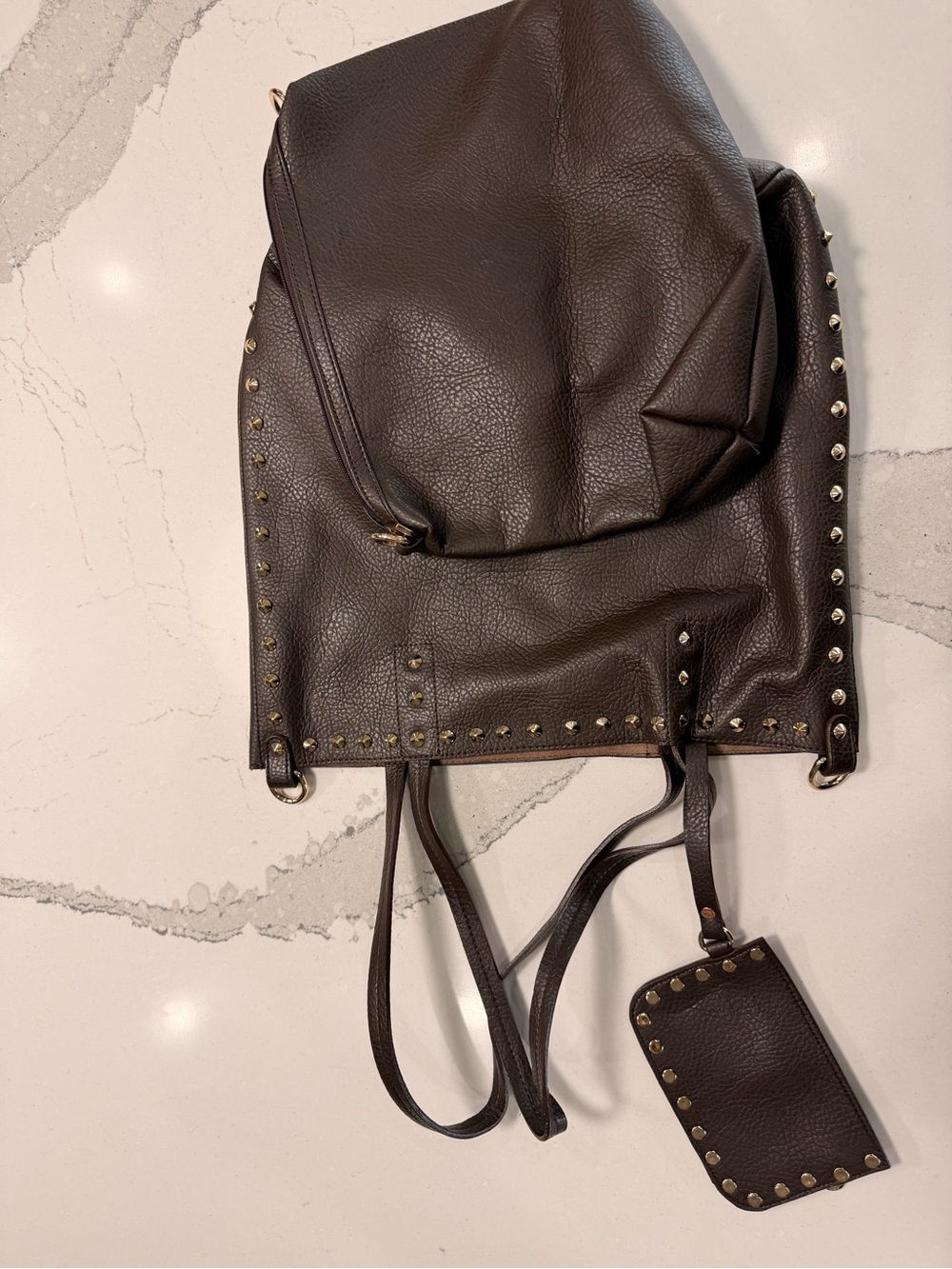 Studded Dark Brown Leather Backpack with Card Holder